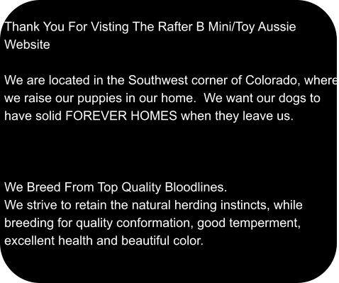 Thank You For Visting The Rafter B Mini/Toy Aussie Website  We are located in the Southwest corner of Colorado, where we raise our puppies in our home.  We want our dogs to have solid FOREVER HOMES when they leave us.    We Breed From Top Quality Bloodlines. We strive to retain the natural herding instincts, while breeding for quality conformation, good temperment, excellent health and beautiful color.